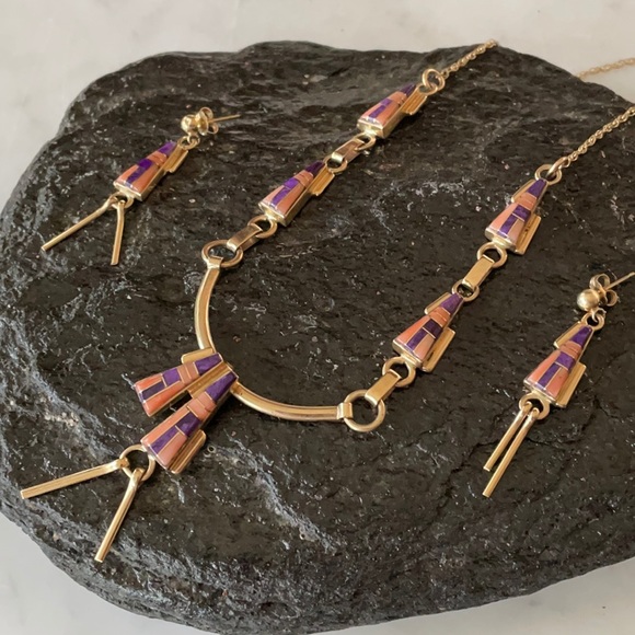 Vintage Navajo Tom David 14K Inlay Necklace and Earrings Native American - Picture 14 of 16